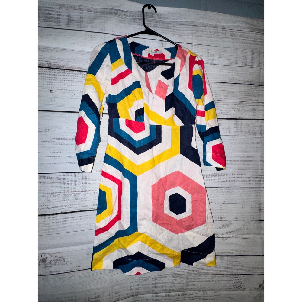 Boden Womens 100% Linen Geometric Hexagon Print V-Neck Shift Dress WH783 2R